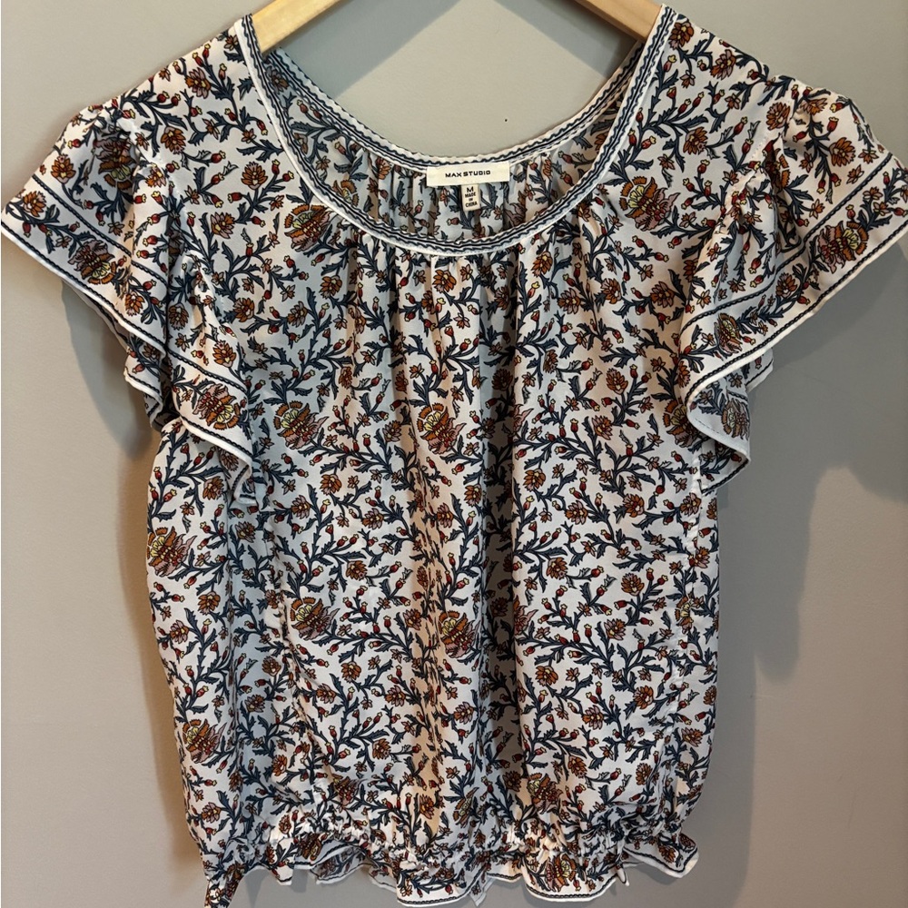 Max Studio White Floral Ruffle Sleeve Top